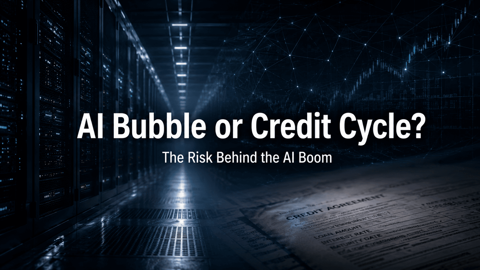Dark AI data center with financial network overlays and credit documents, illustrating the credit risks behind the AI infrastructure boom.