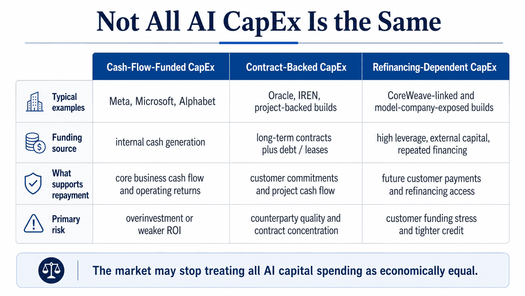 Comparison of cash-flow-funded, contract-backed, and refinancing-dependent AI capital spending, highlighting different funding sources, repayment support, and primary risks.