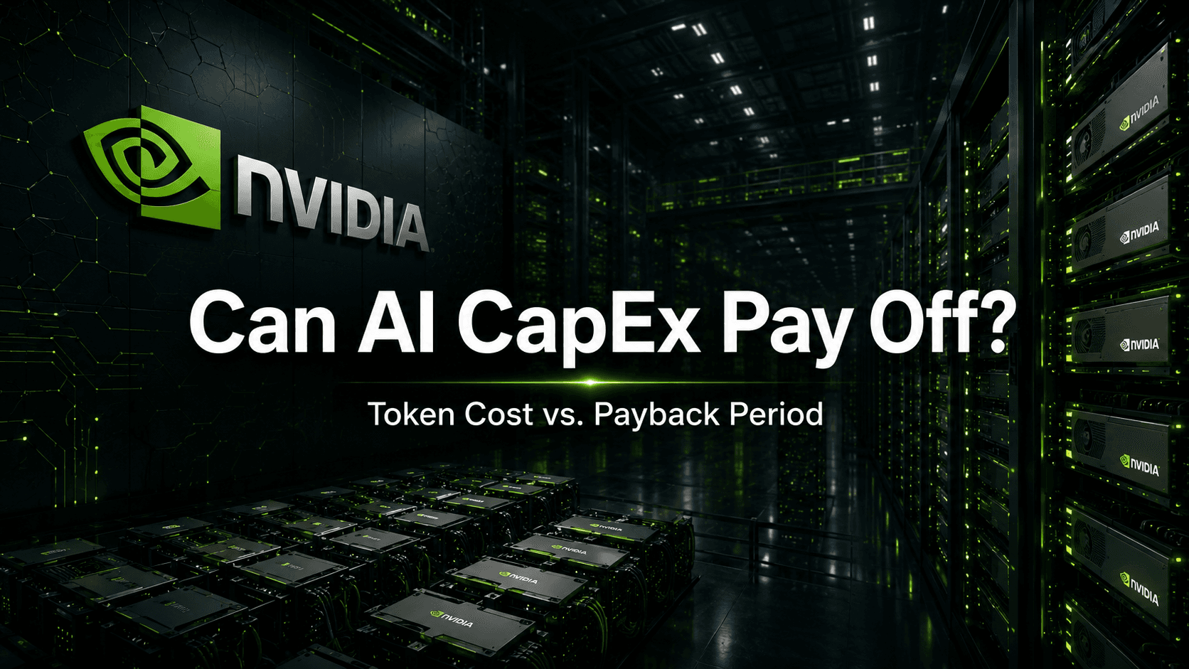 Nvidia AI data center with the headline Can AI CapEx Pay Off, framing token cost versus payback period.