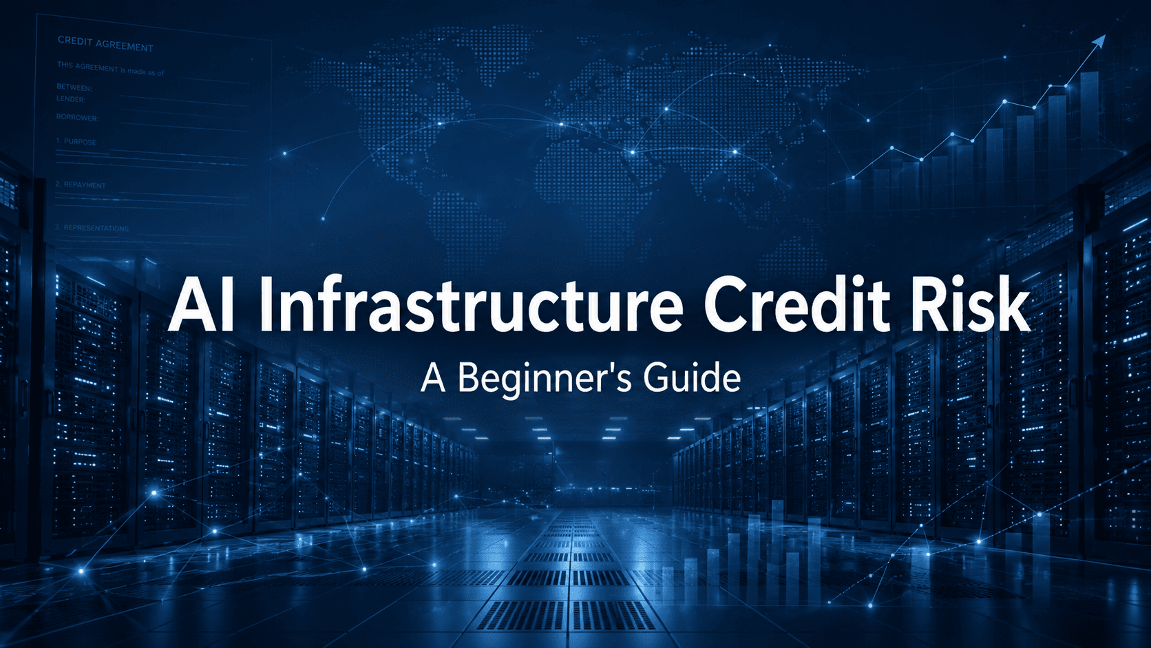AI data center with financial network and credit agreement overlays, illustrating AI infrastructure credit risk for beginner investors.