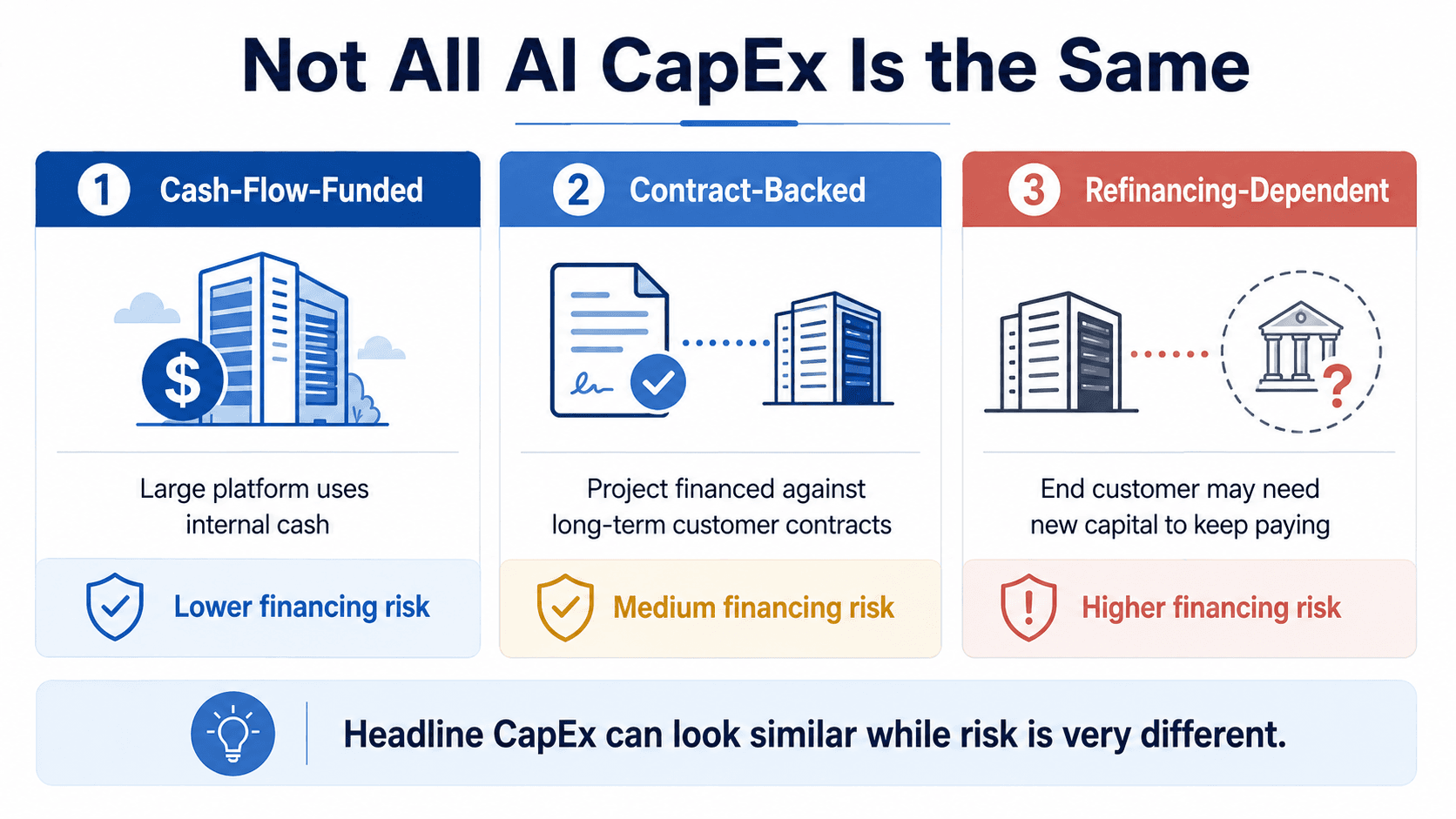 Comparison of cash-flow-funded, contract-backed, and refinancing-dependent AI capital spending, showing how financing risk differs across structures.