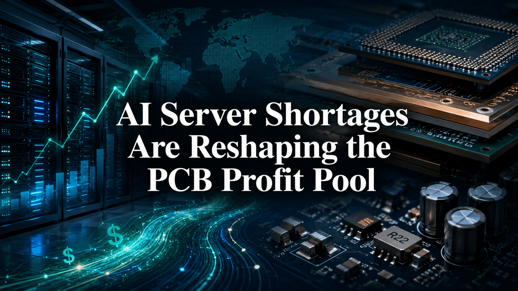 AI server racks, PCB substrates and electronic components illustrating the shift in the AI hardware profit pool