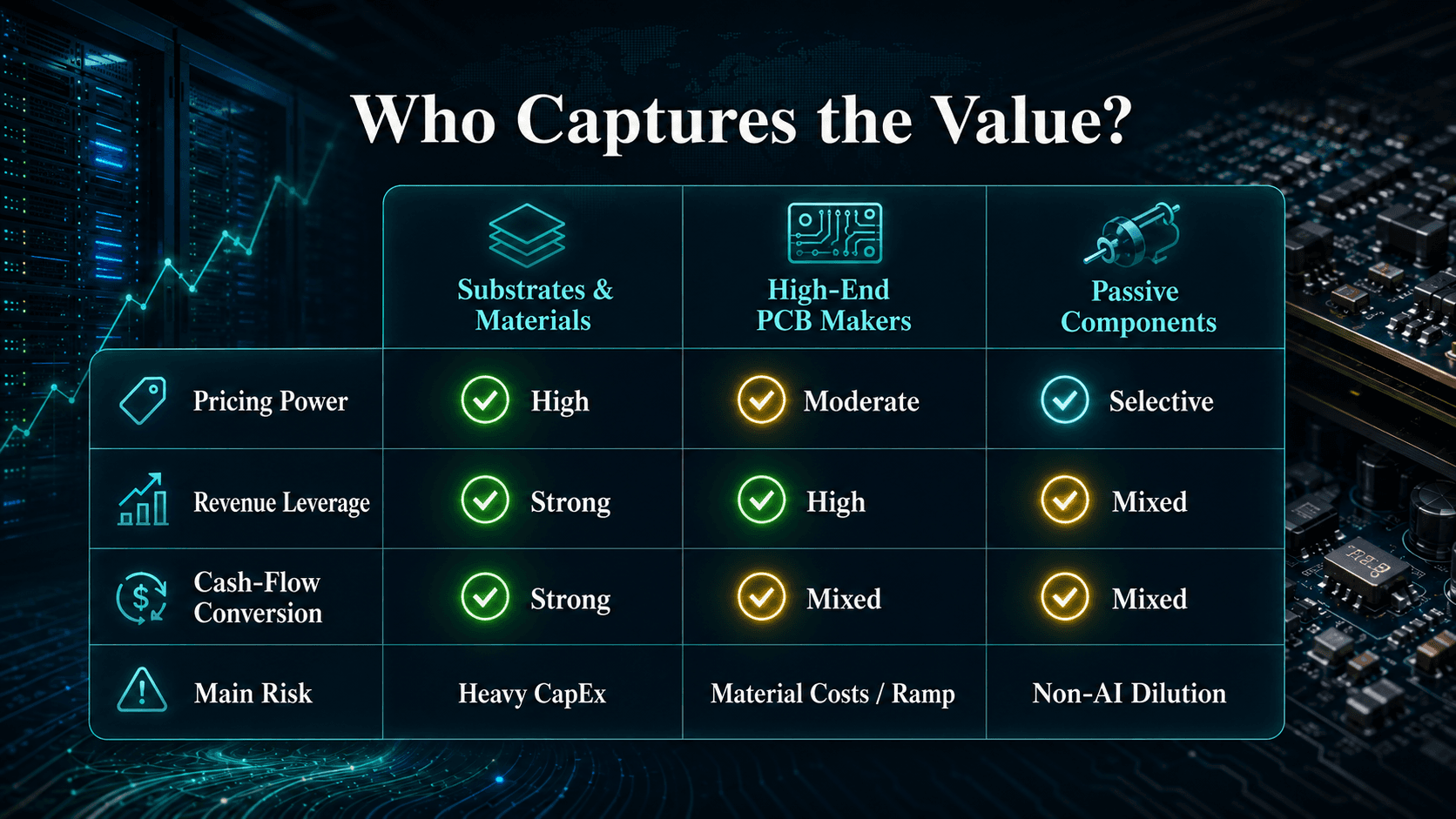 Comparison of pricing power, revenue leverage, cash-flow conversion and risk across substrates, PCB makers and passive components