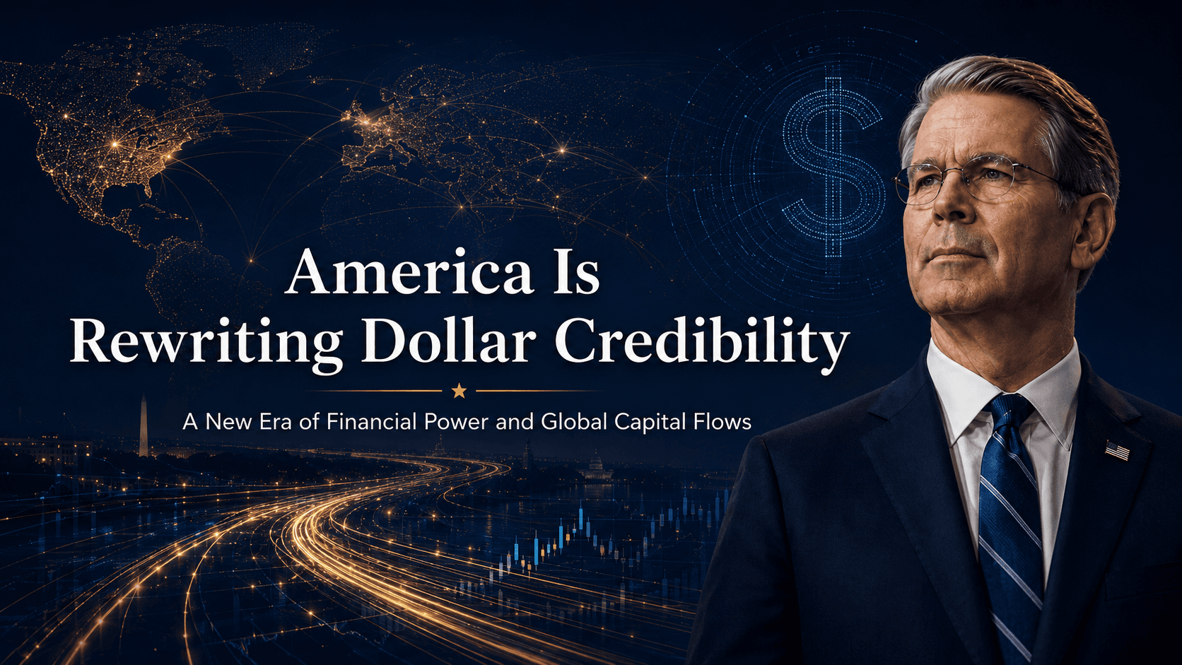 Scott Bessent beside a global dollar network, illustrating America rewriting dollar credibility through financial power and global capital flows.