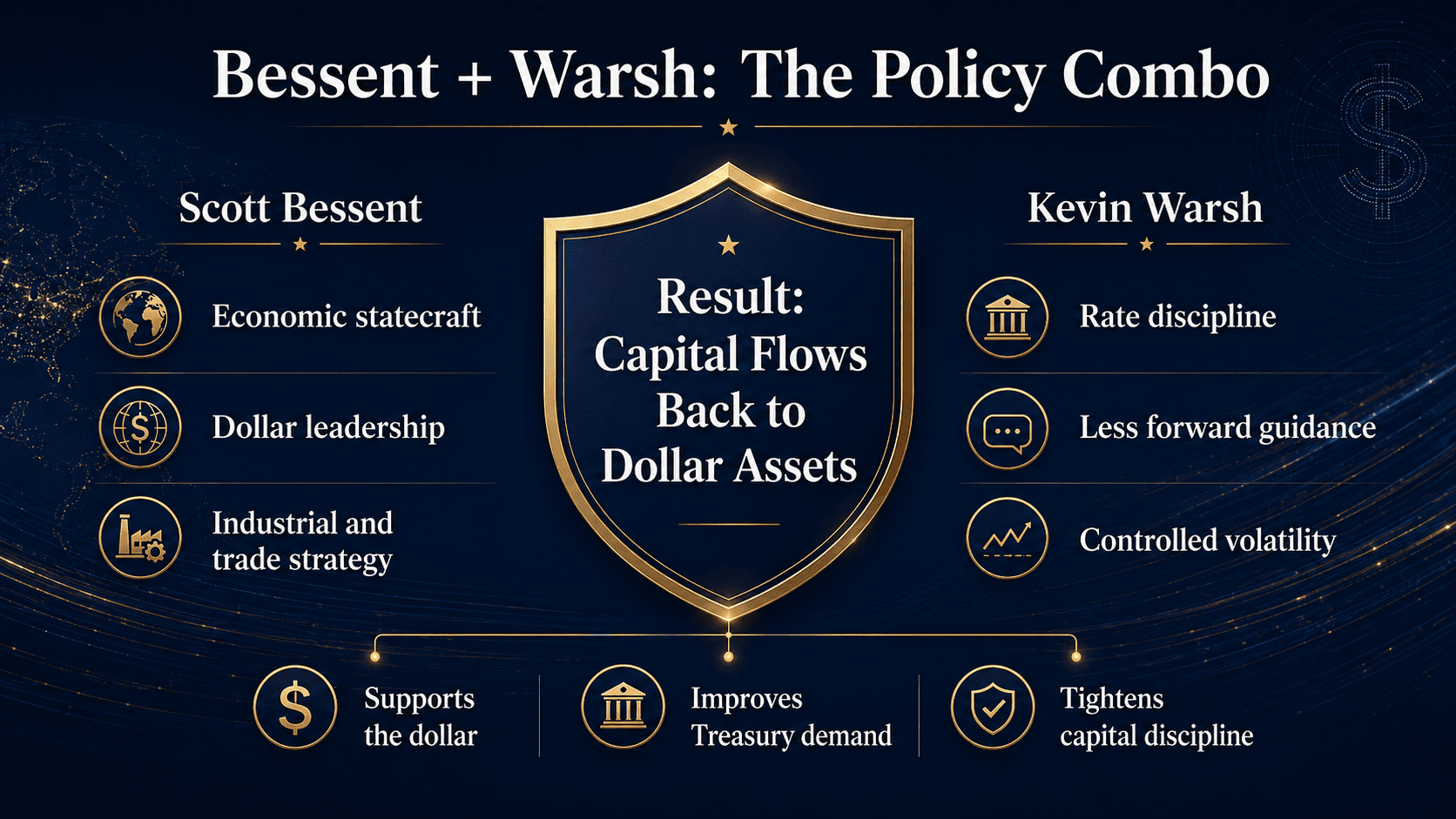 Diagram showing how Scott Bessent's economic statecraft and Kevin Warsh's rate discipline can drive capital flows back to dollar assets.