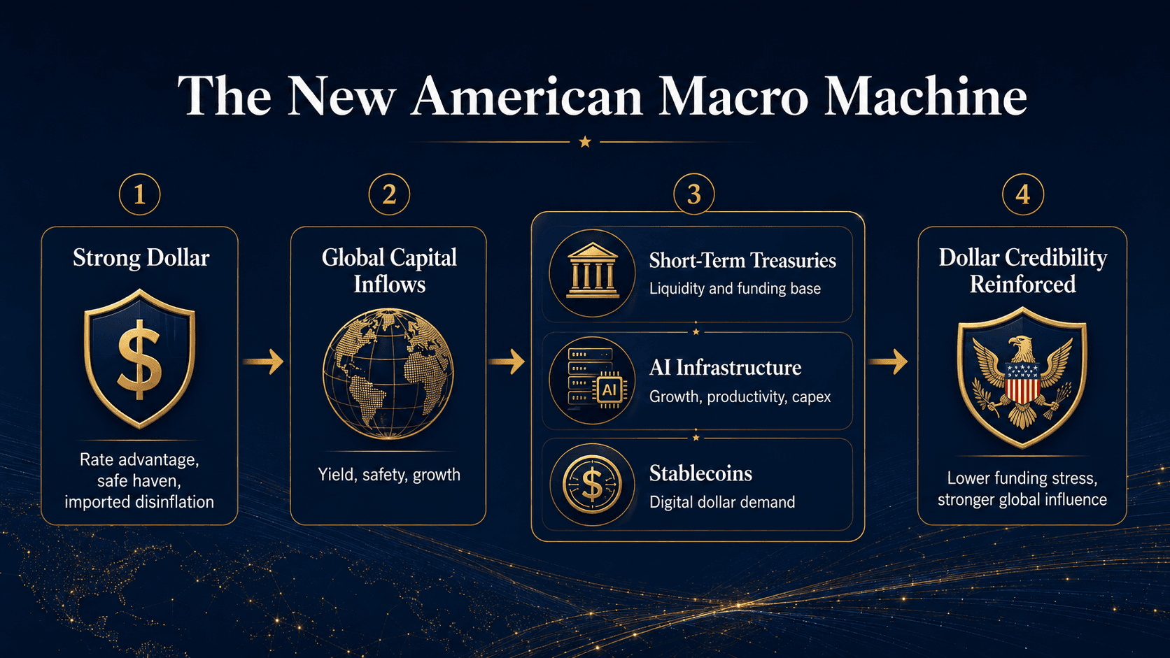 Flowchart showing the new American macro machine: strong dollar, global capital inflows, short-term Treasuries, AI infrastructure, stablecoins, and reinforced dollar credibility.