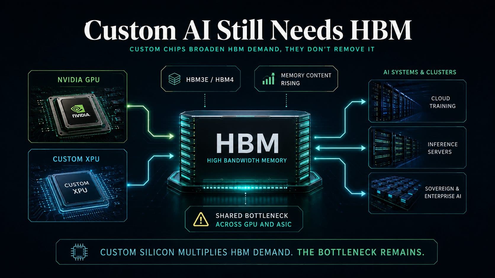 Nvidia GPUs and custom AI accelerators both increase HBM demand, making high-bandwidth memory a shared AI infrastructure bottleneck