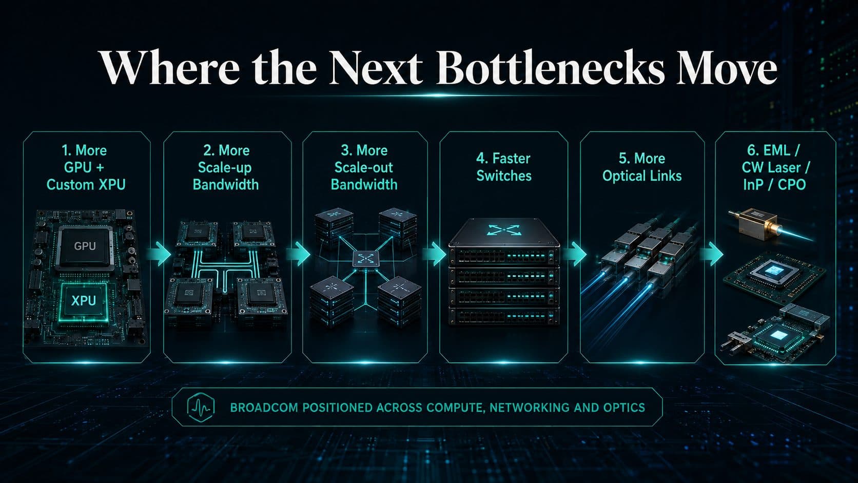 How growth in GPUs and custom XPUs pushes AI infrastructure bottlenecks toward scale-up networking, scale-out networking, optical links, EML, CW lasers, InP and CPO