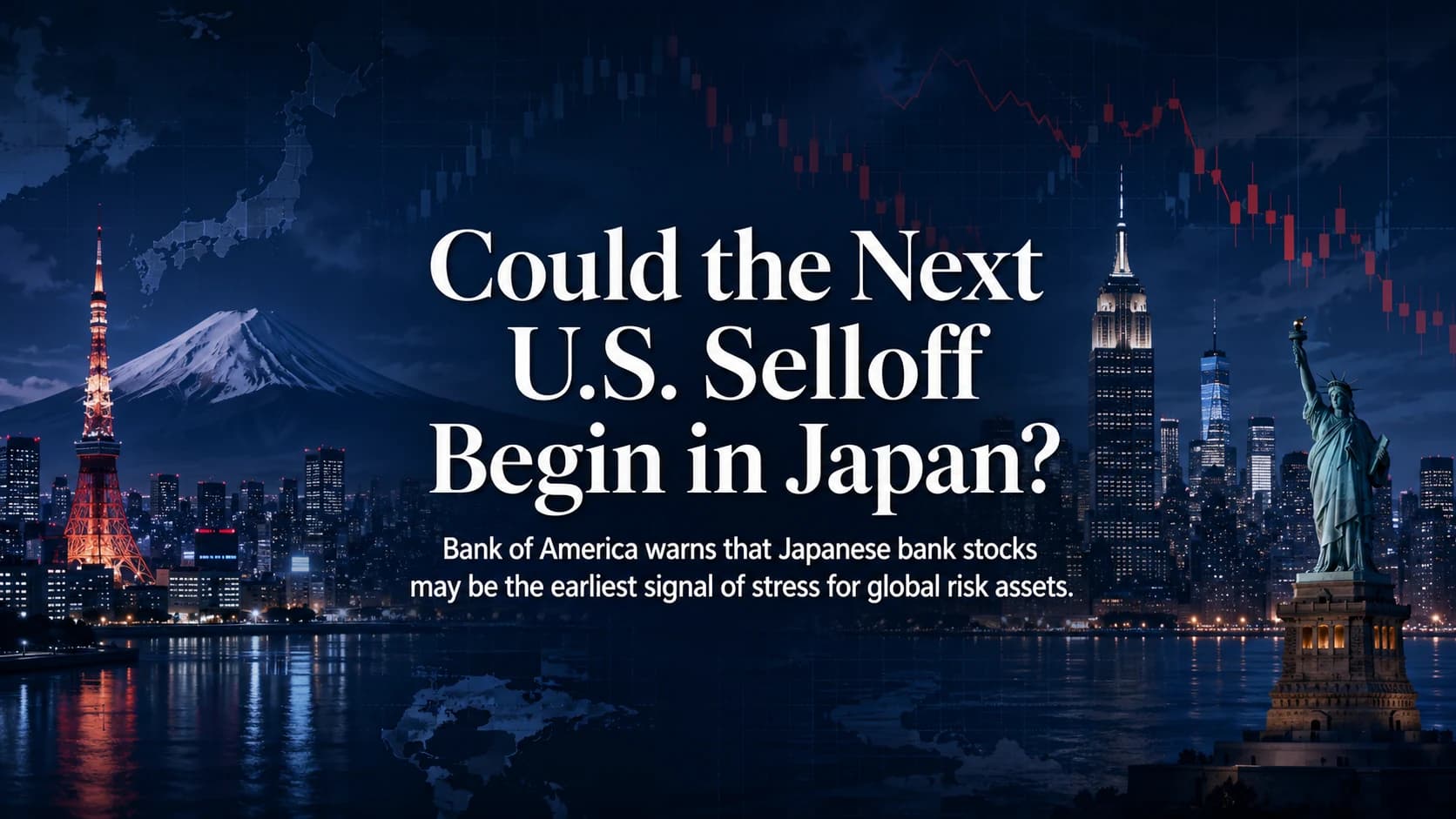 Tokyo and New York financial markets illustrating the risk that stress in Japanese banks could precede a U.S. stock-market selloff