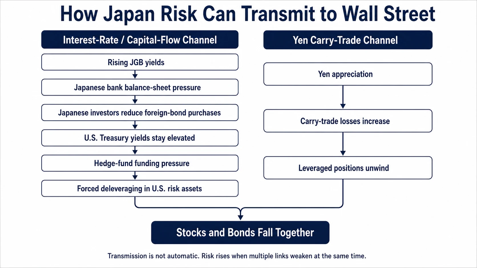 Flowchart showing how rising Japanese bond yields and a yen carry-trade unwind could transmit financial stress to U.S. stocks and bonds