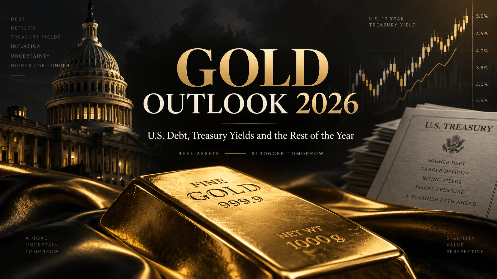 Gold Outlook 2026 showing gold, U.S. Treasury yields and rising U.S. debt