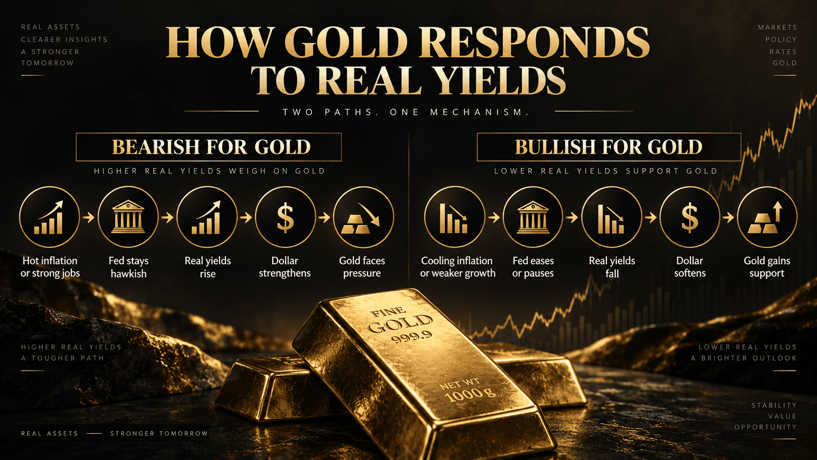 How rising and falling real yields affect gold prices through Fed policy and the U.S. dollar