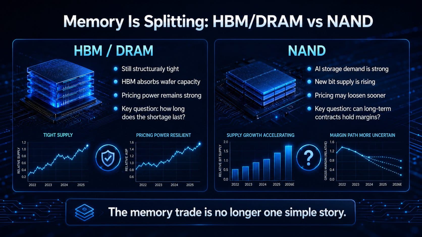 HBM and DRAM versus NAND supply outlook, showing tighter HBM pricing and a potentially earlier NAND supply recovery