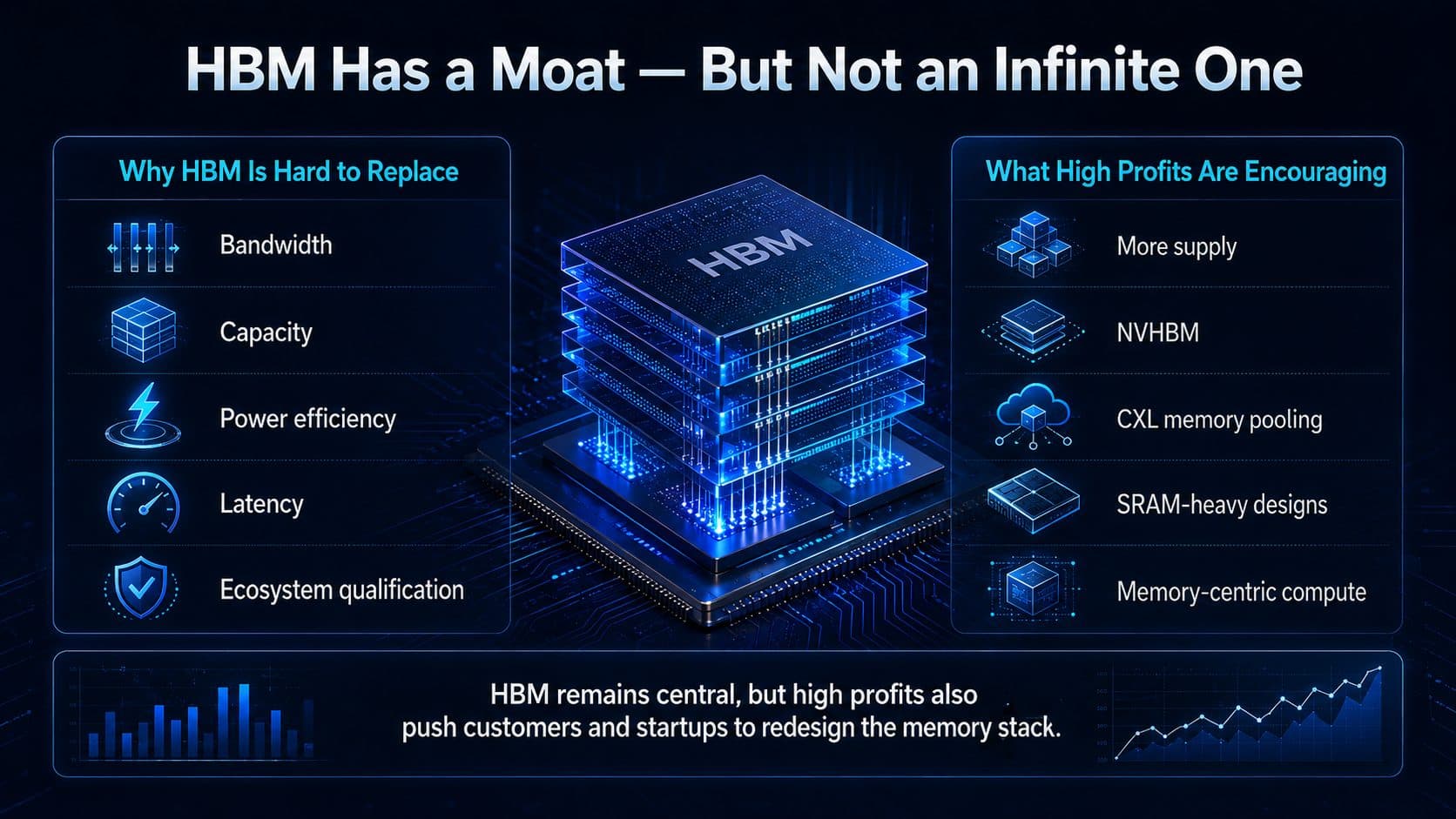 HBM technology moat versus emerging alternatives including NVHBM, CXL memory pooling, SRAM-heavy designs and memory-centric computing