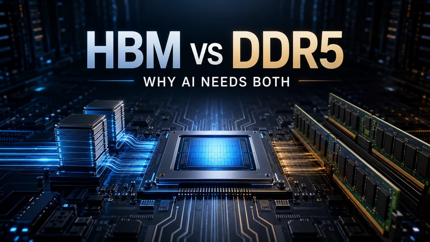 HBM stacks and DDR5 DIMMs surrounding an AI accelerator