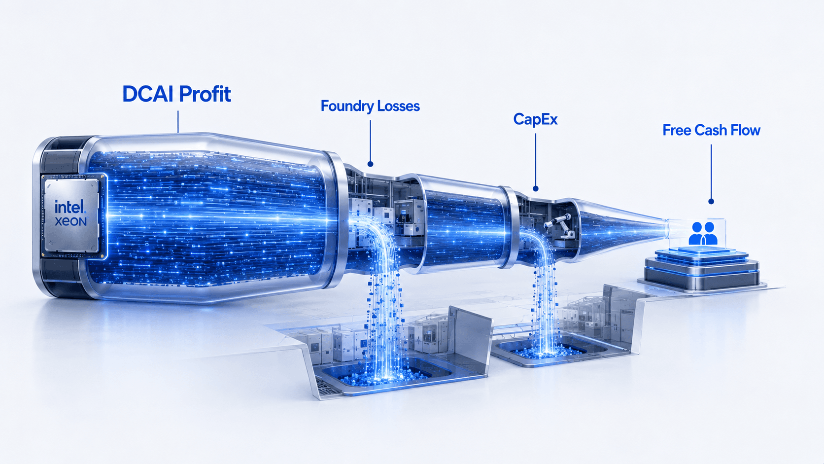 Intel DCAI profit narrowing through foundry losses and capital expenditure into free cash flow