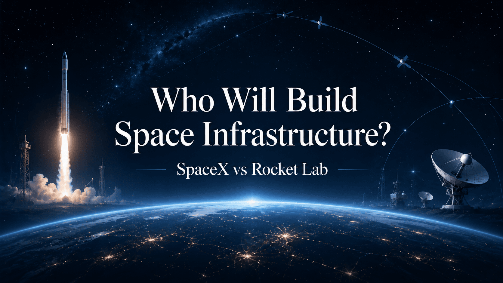 Space infrastructure concept showing rocket launch, satellite network, Earth horizon, and the title Who Will Build Space Infrastructure?