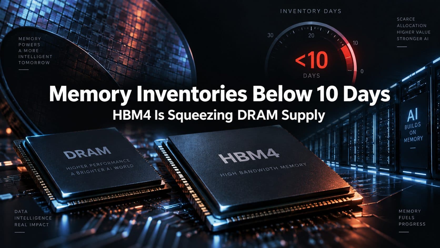 HBM4 and DRAM memory chips illustrating memory inventories falling below 10 days and tightening DRAM supply