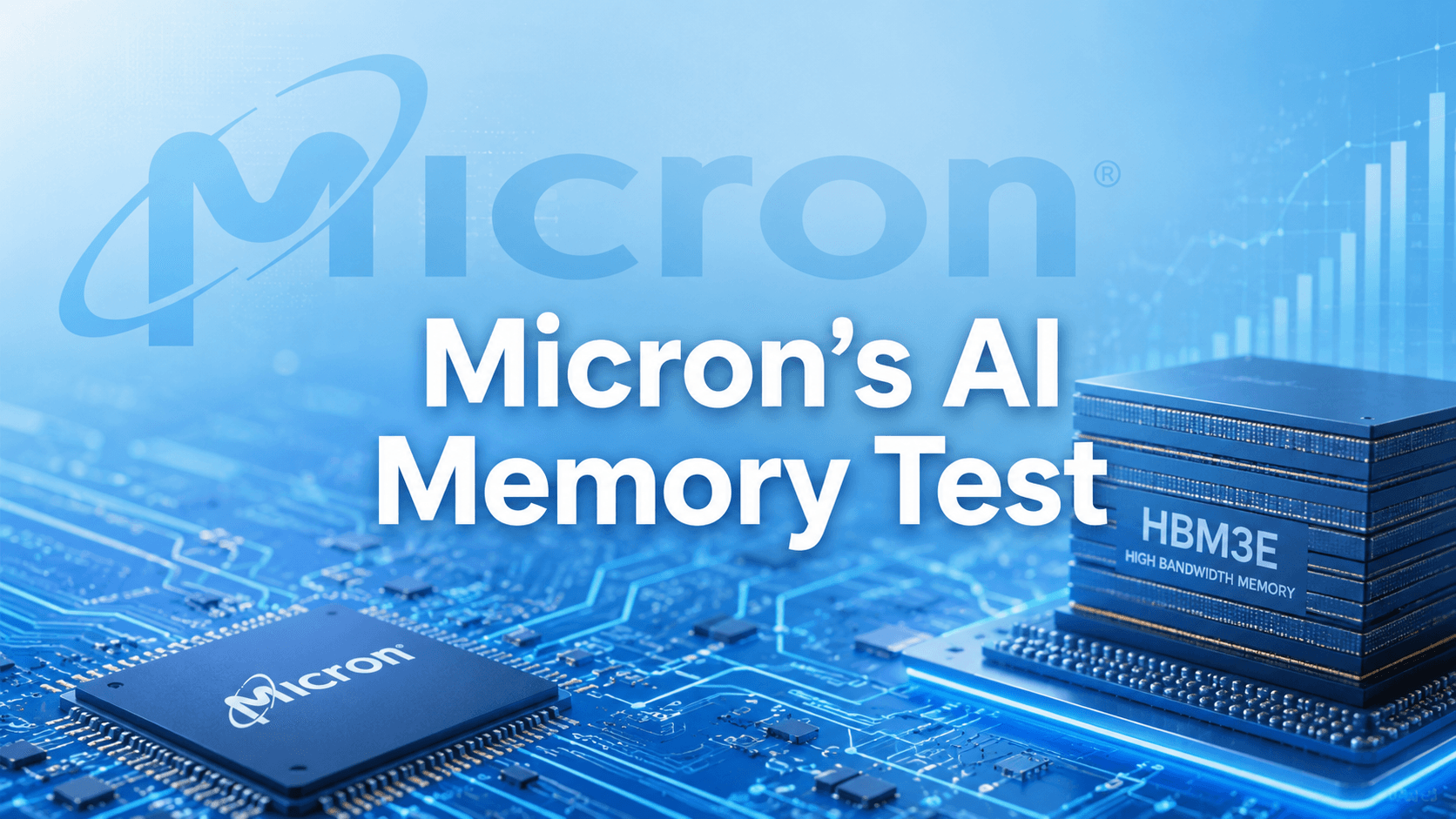 Micron AI memory test cover image with Micron logo, HBM memory stack, and semiconductor circuitry.