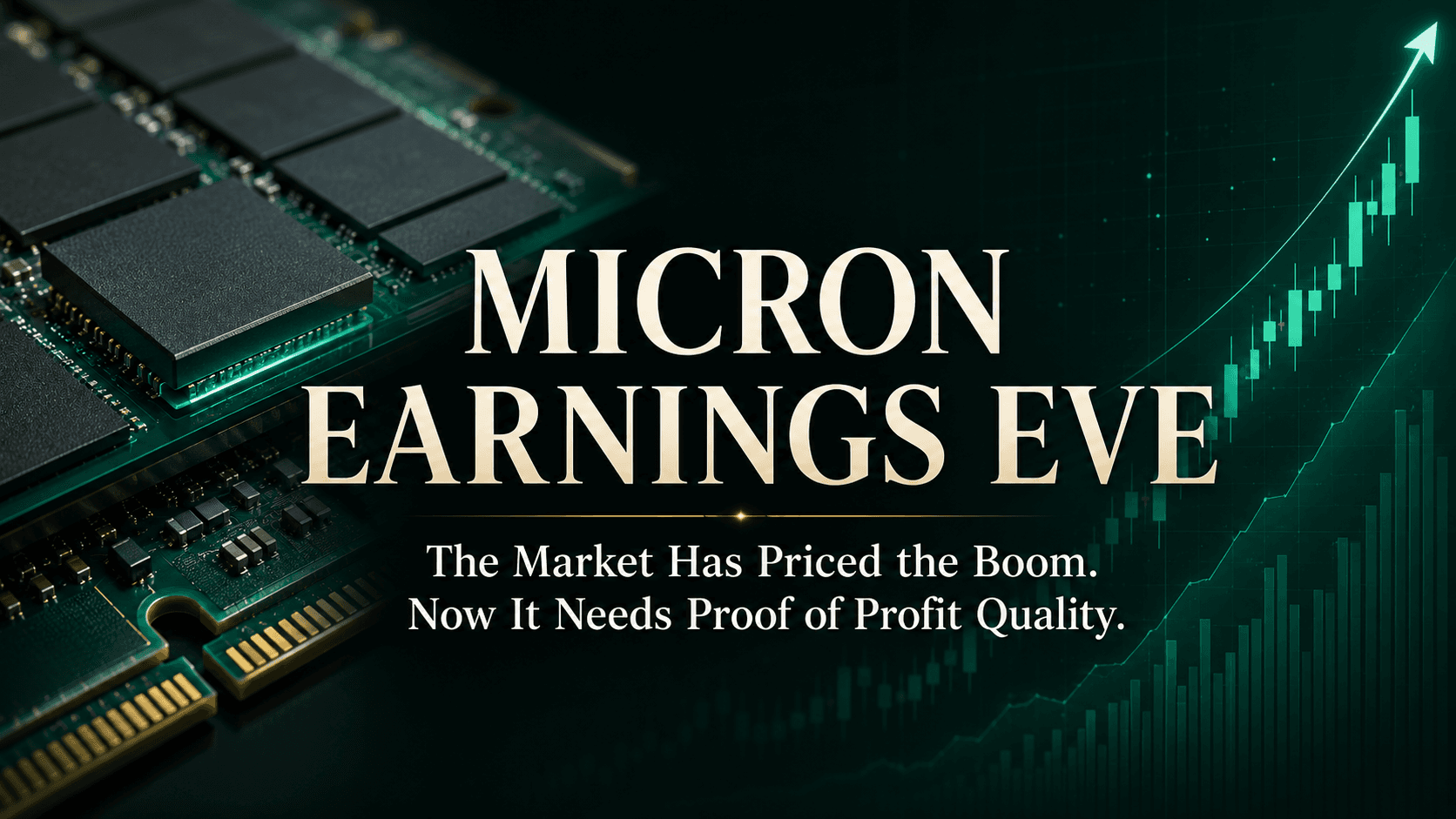 Micron earnings eve cover image showing memory chips and a rising market chart.