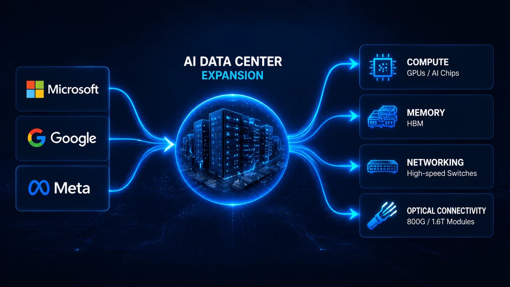 Hyperscaler AI capital expenditure flowing into compute, HBM memory, networking, and optical connectivity