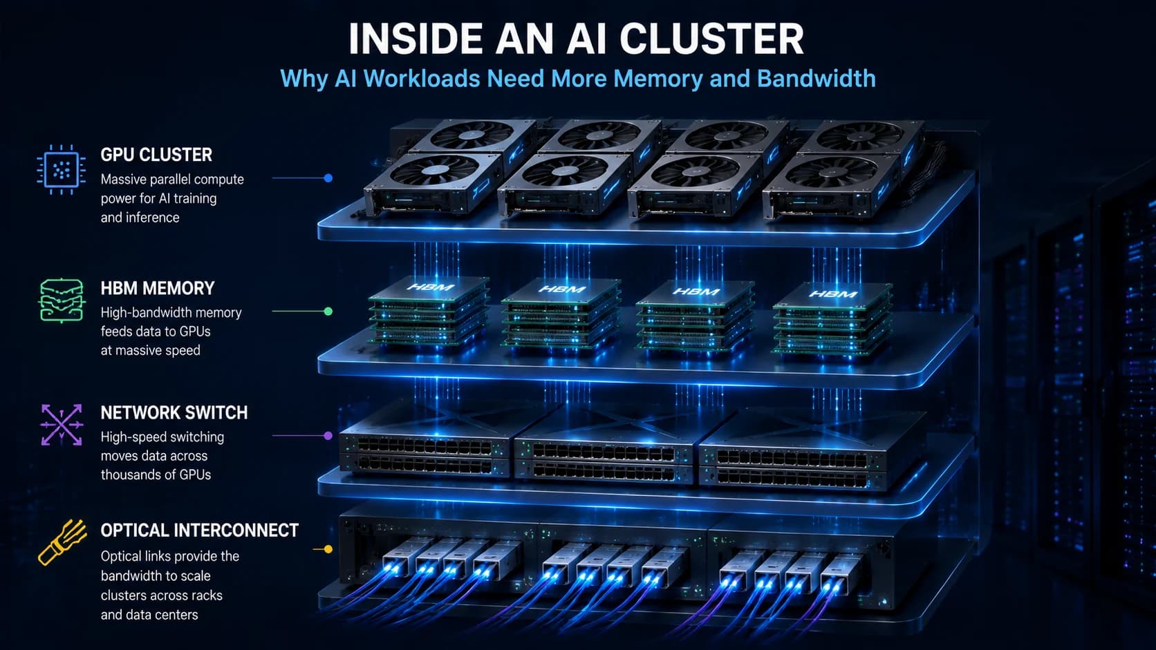 Inside an AI cluster showing GPU compute, HBM memory, network switches, and optical interconnect