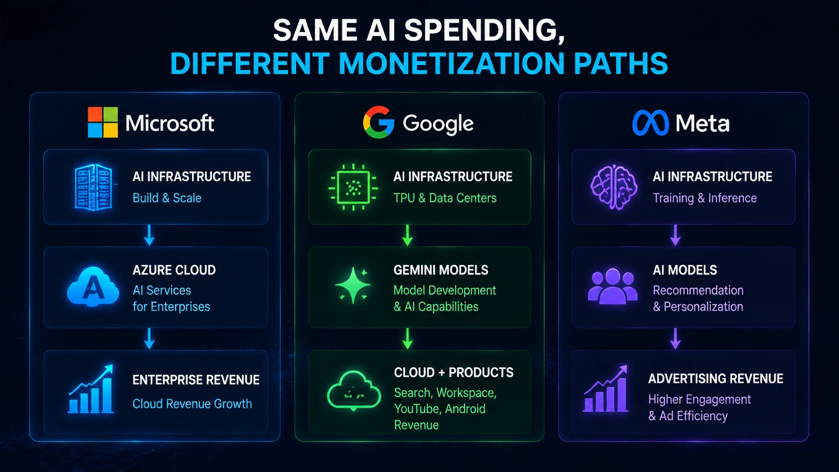 Microsoft, Google, and Meta AI infrastructure spending connected to different monetization paths