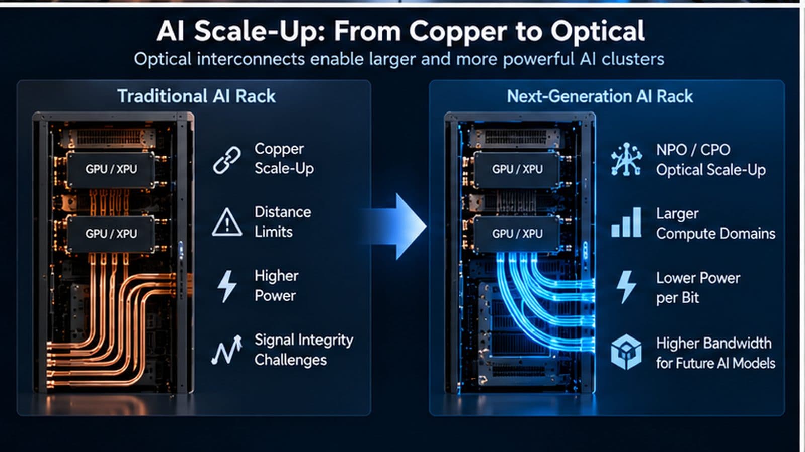 AI scale-up transition from copper interconnects to NPO and CPO optical interconnects