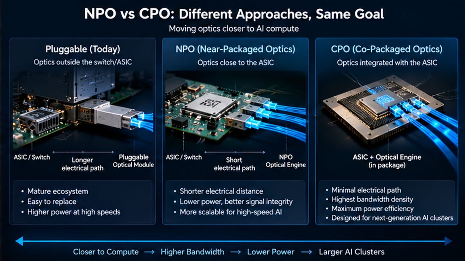 Pluggable vs NPO vs CPO architecture showing optics moving progressively closer to the ASIC