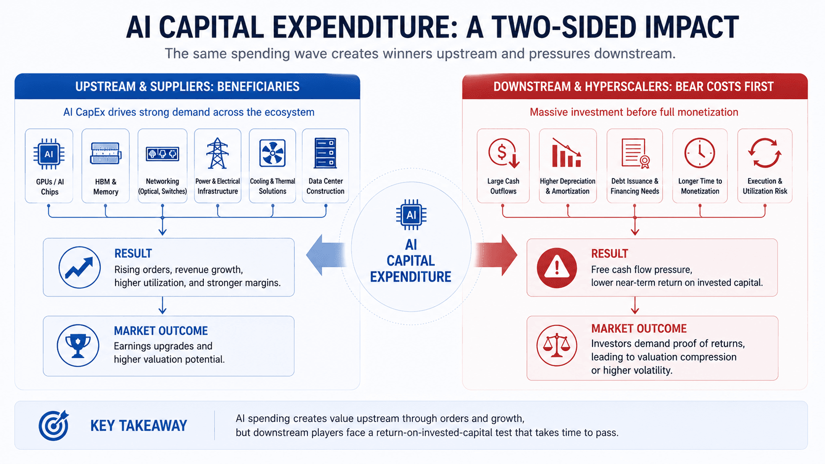AI capital expenditure benefits semiconductor, memory, networking, power and data-center suppliers while pressuring hyperscaler cash flow and return on invested capital.