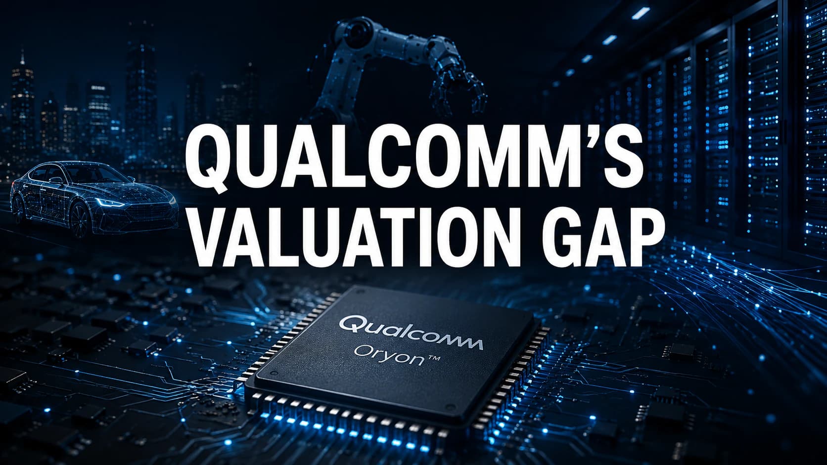 Qualcomm valuation gap illustrated by a semiconductor chip, data center servers, automotive computing, and robotics.