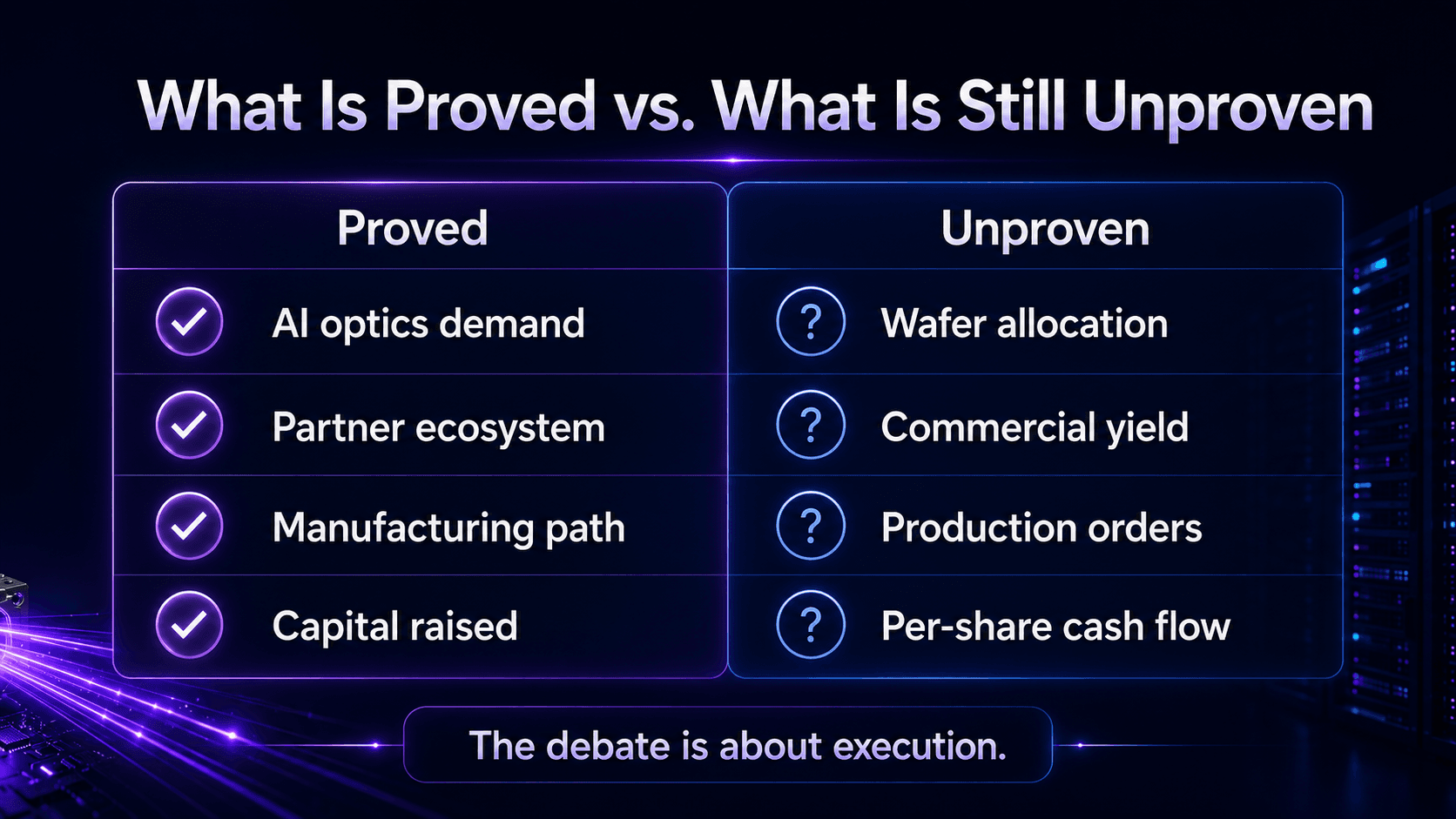 Two-column comparison showing what is already supported in the Sivers investment thesis and what remains unproven.