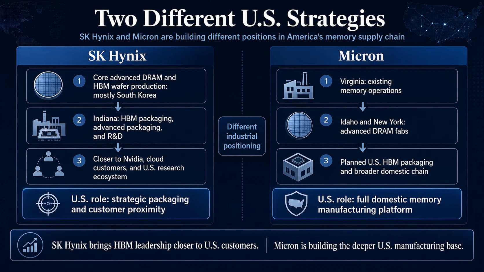 Comparison of SK Hynix and Micron manufacturing and advanced packaging strategies in the United States