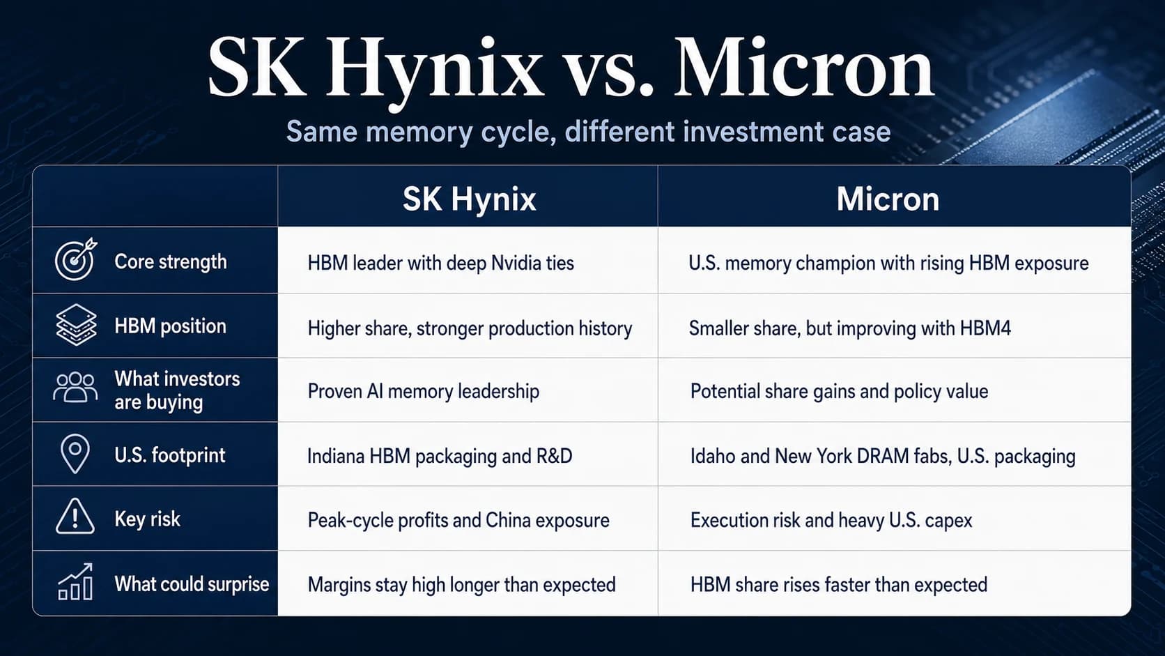 Comparison of SK Hynix and Micron across HBM position, U.S. manufacturing footprint, investment strengths and key risks