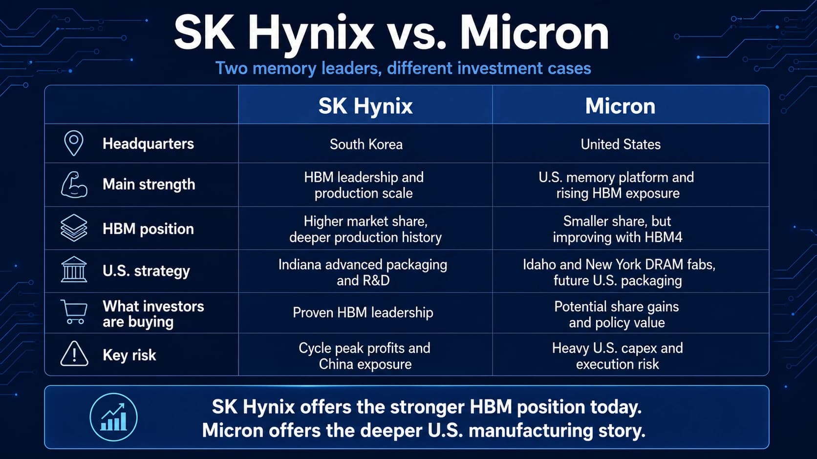 Beginner comparison of SK Hynix and Micron including HBM position, U.S. strategy and investment risks