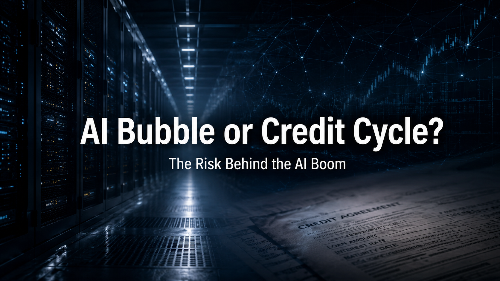 Dark AI data center with financial network overlays and credit documents, illustrating the credit risks behind the AI infrastructure boom.