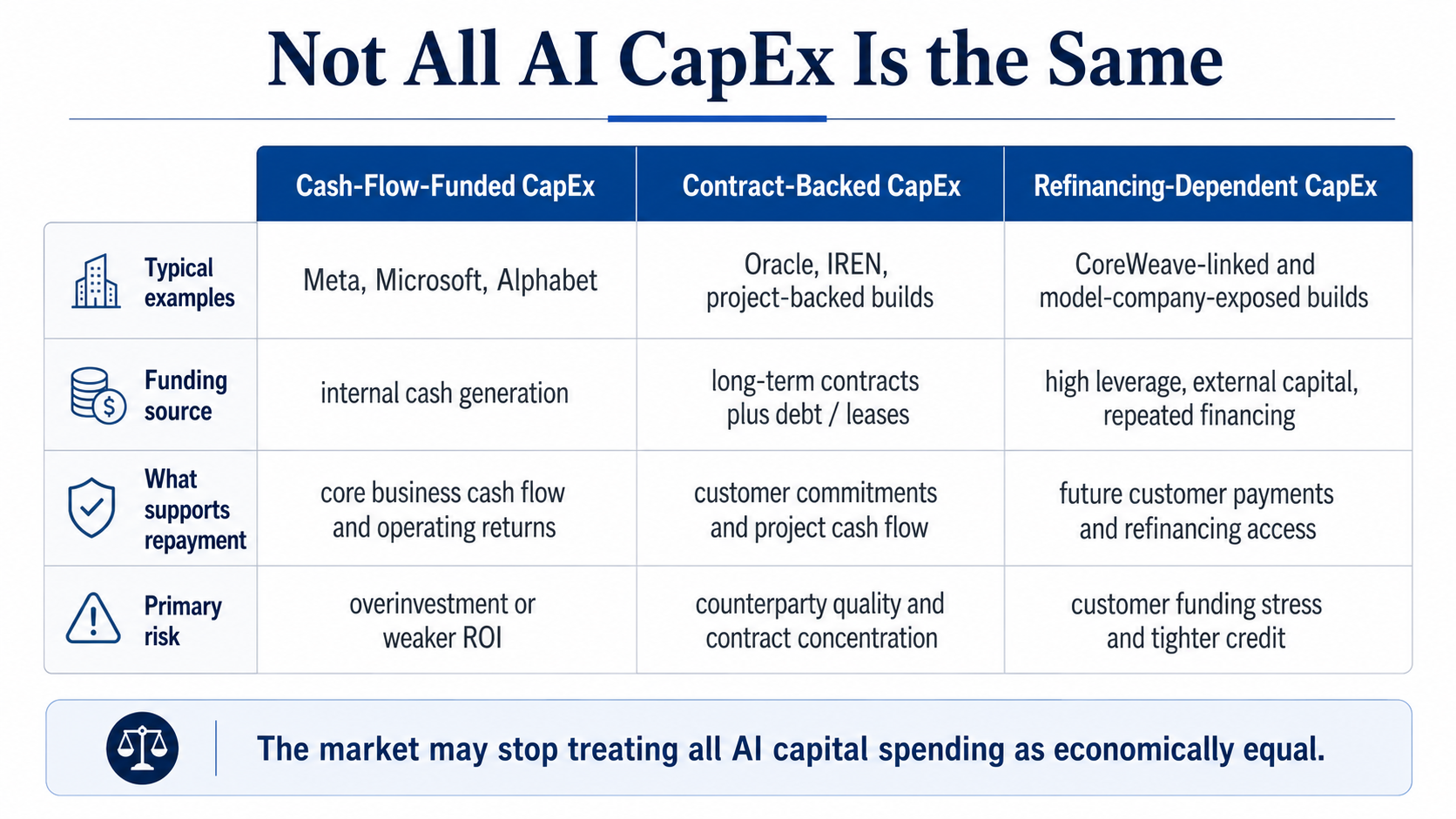 Comparison of cash-flow-funded, contract-backed, and refinancing-dependent AI capital spending, highlighting different funding sources, repayment support, and primary risks.