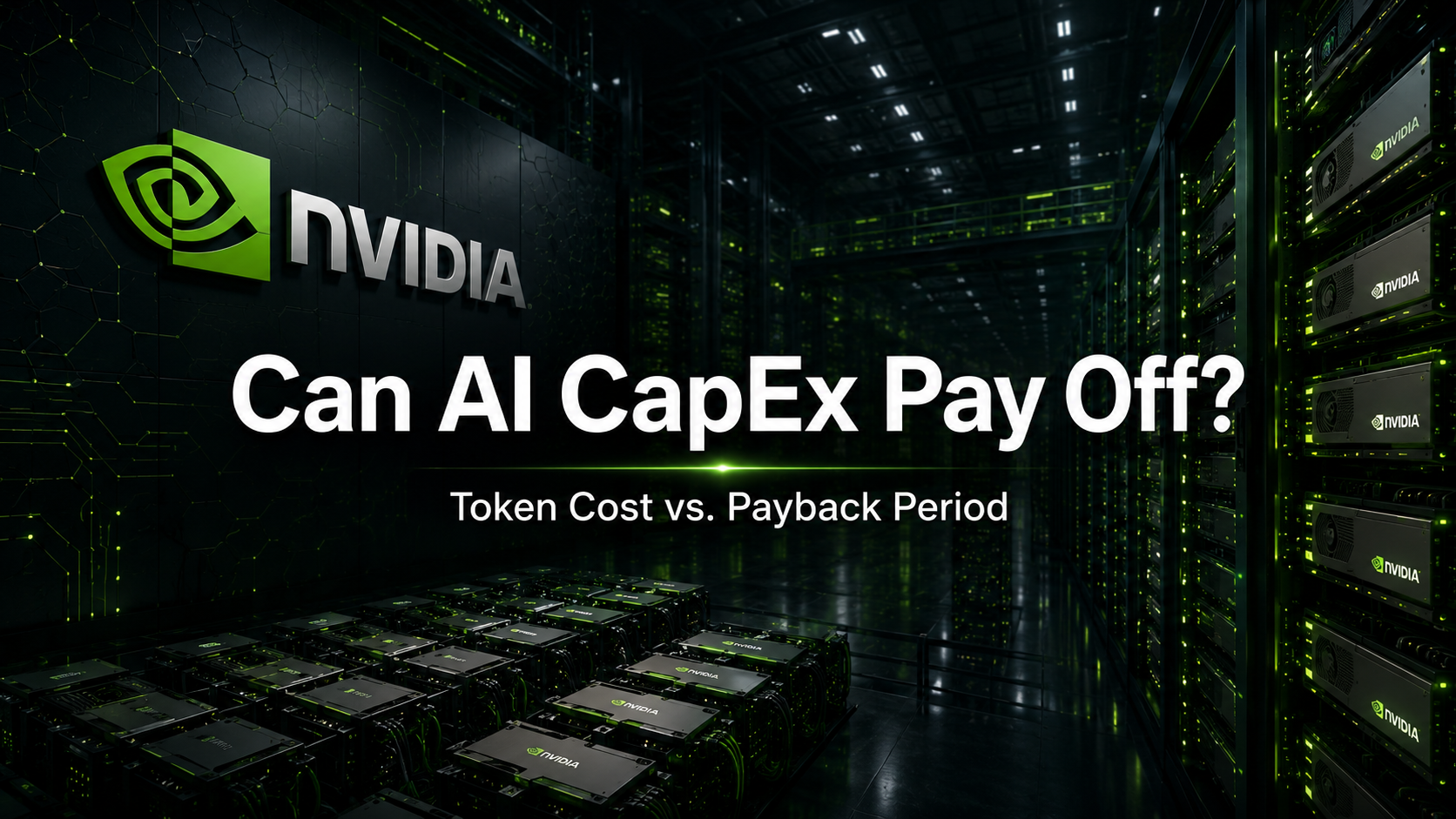 Nvidia AI data center with the headline Can AI CapEx Pay Off, framing token cost versus payback period.