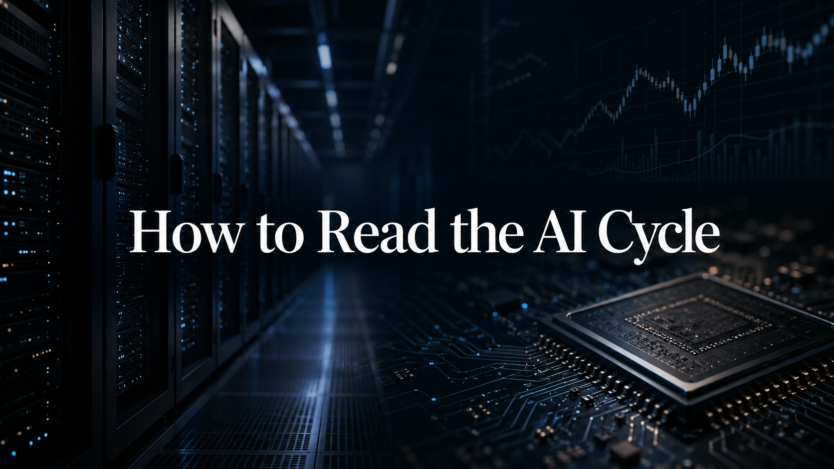 Dark AI data center and semiconductor image with the title How to Read the AI Cycle overlaid.