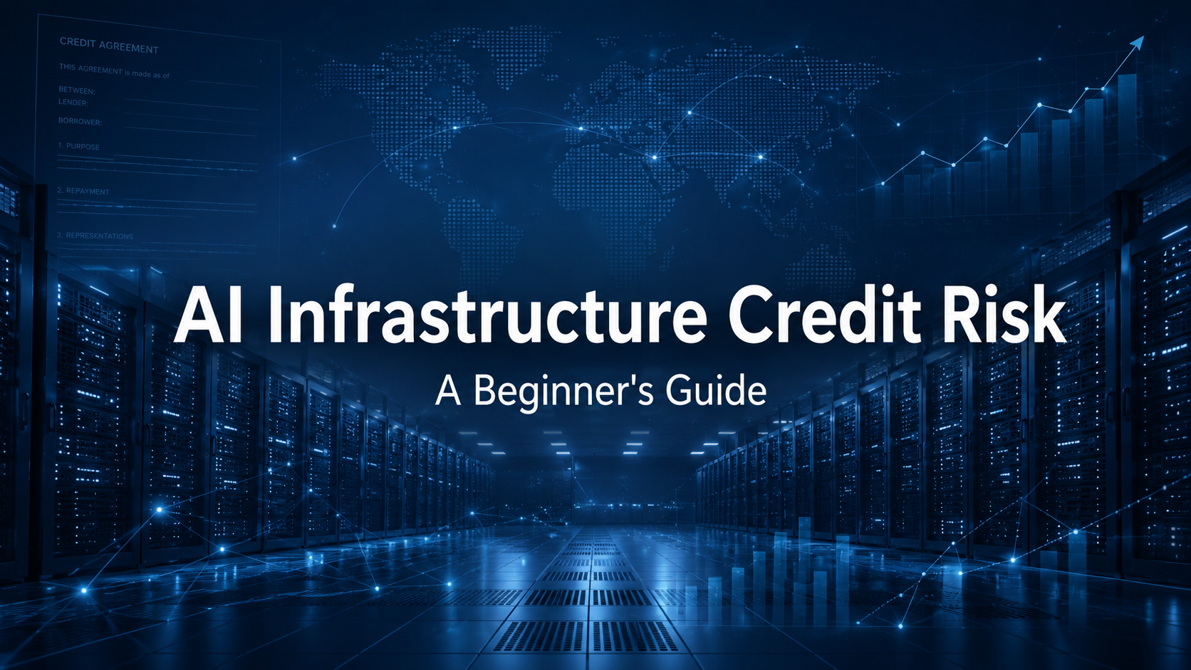 AI data center with financial network and credit agreement overlays, illustrating AI infrastructure credit risk for beginner investors.