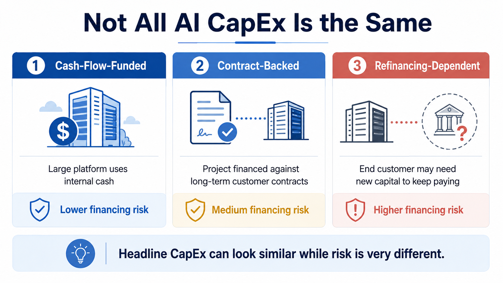 Comparison of cash-flow-funded, contract-backed, and refinancing-dependent AI capital spending, showing how financing risk differs across structures.