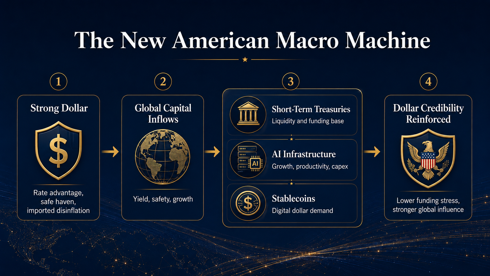 Flowchart showing the new American macro machine: strong dollar, global capital inflows, short-term Treasuries, AI infrastructure, stablecoins, and reinforced dollar credibility.