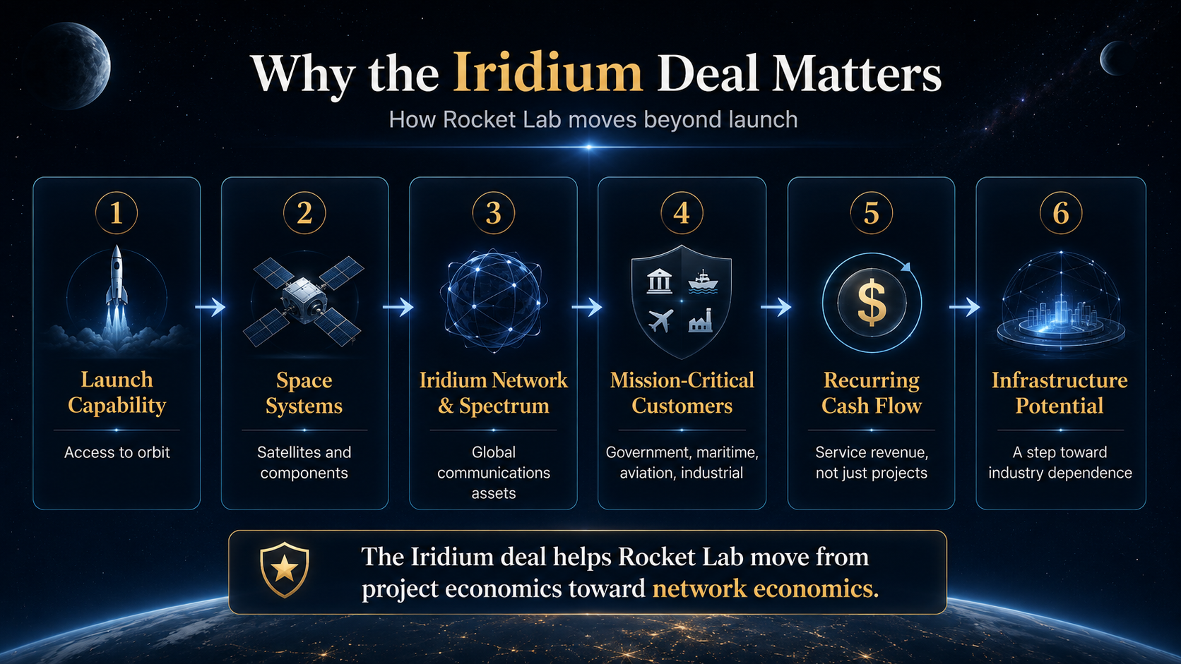 Flowchart showing how the Iridium deal could move Rocket Lab from launch capability toward network economics and infrastructure potential.