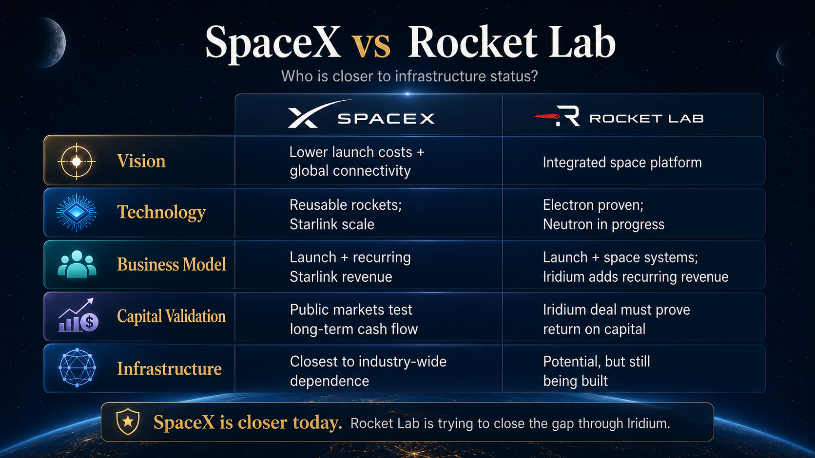 Comparison of SpaceX and Rocket Lab across the five layers of infrastructure investing.