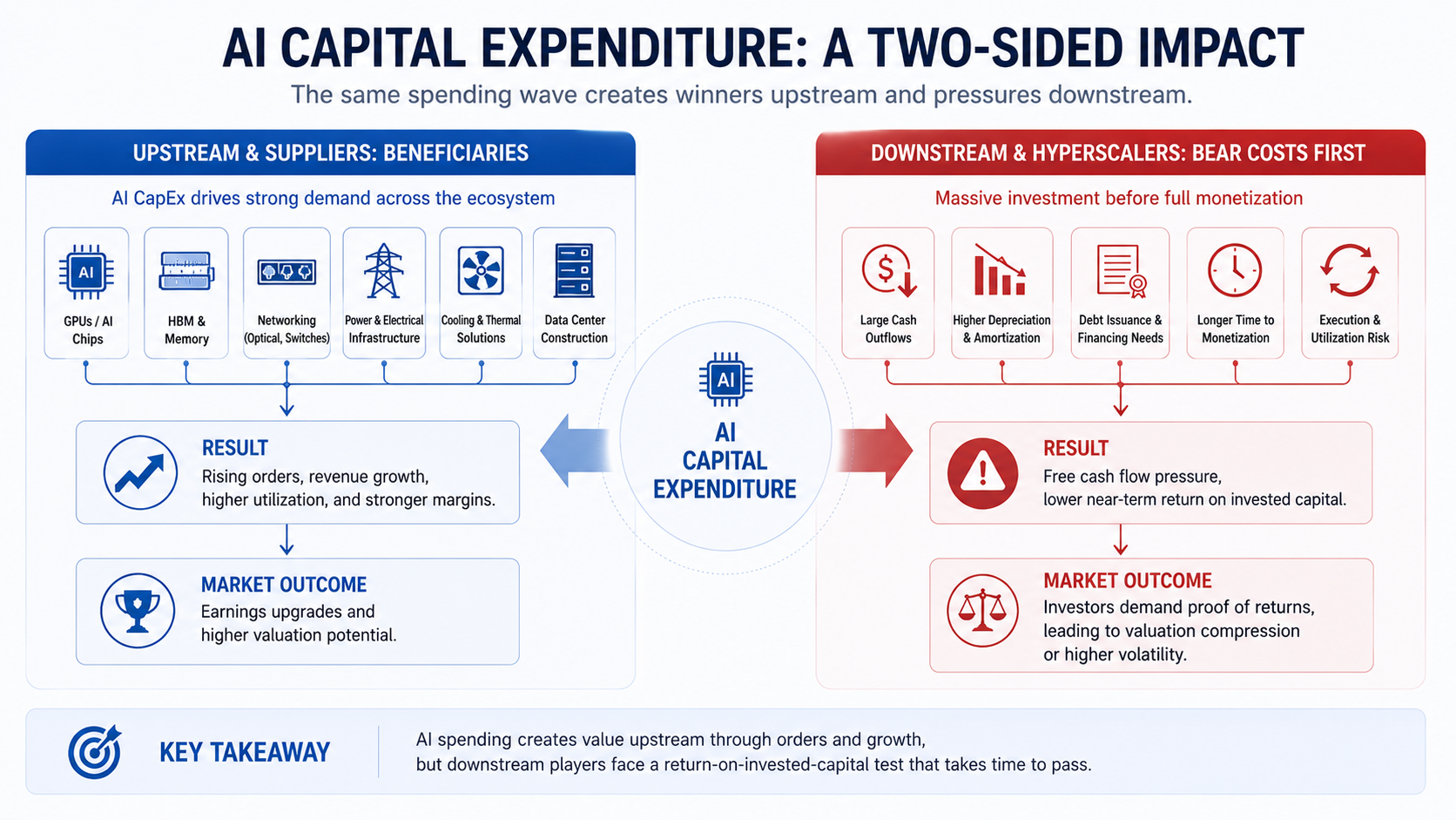 AI capital expenditure benefits semiconductor, memory, networking, power and data-center suppliers while pressuring hyperscaler cash flow and return on invested capital.
