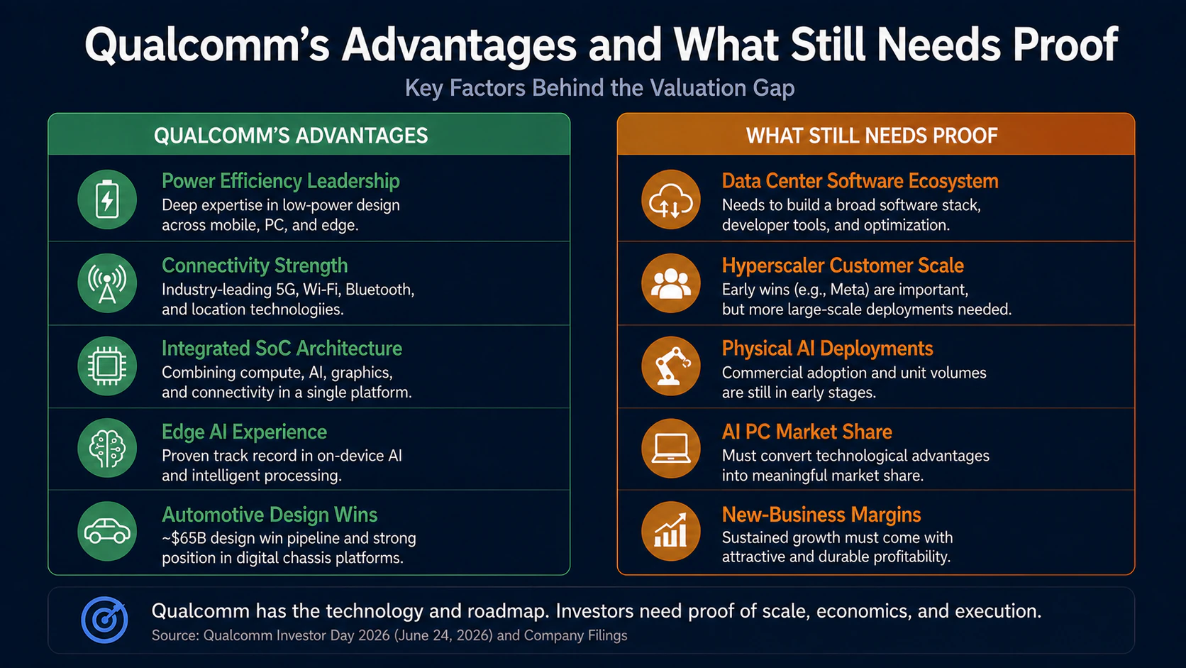 Comparison of Qualcomm’s advantages in power efficiency, connectivity, integrated SoC design, edge AI and automotive against risks in software, hyperscaler adoption, Physical AI deployments, AI PC share and margins.