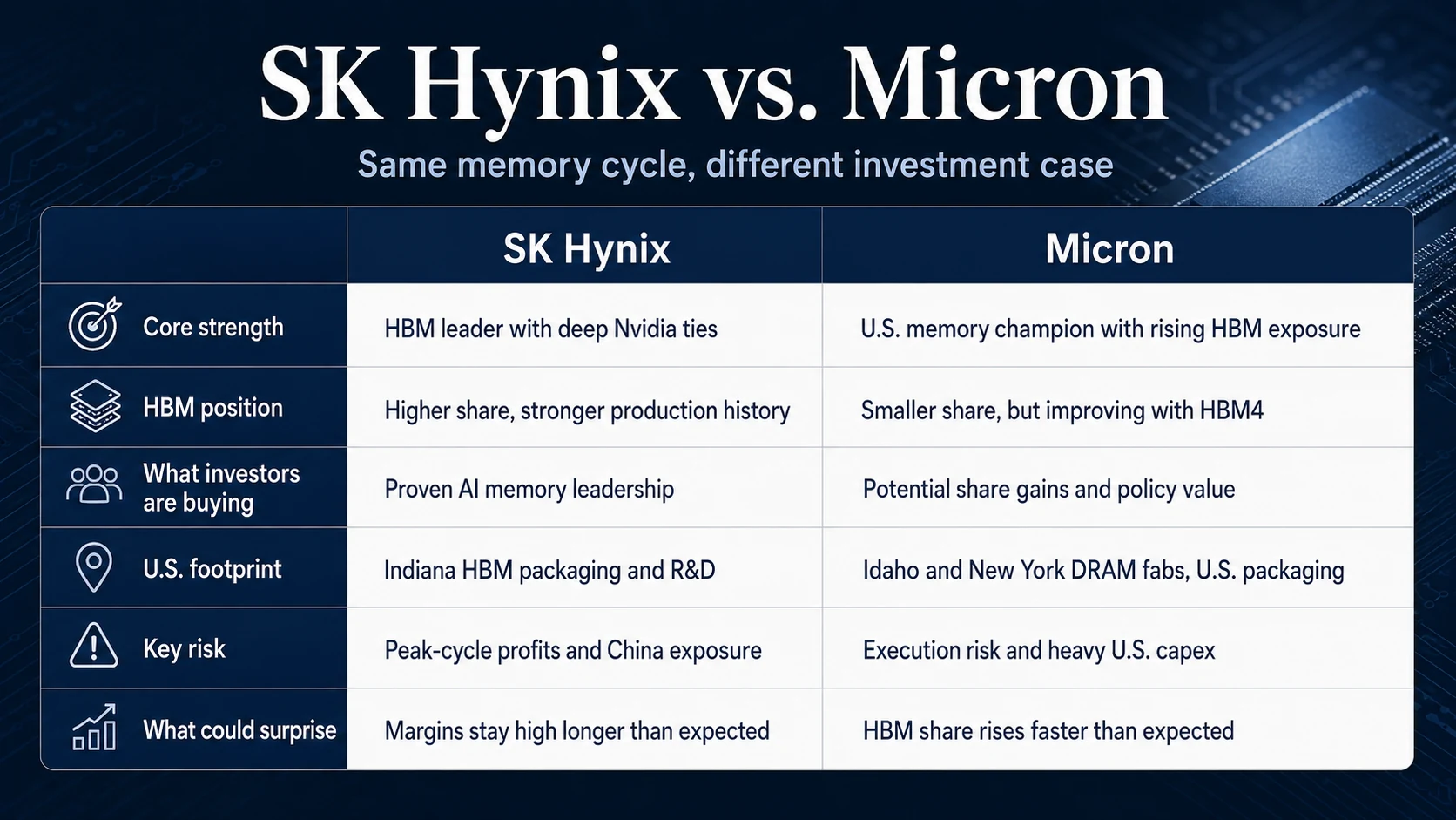 Comparison of SK Hynix and Micron across HBM position, U.S. manufacturing footprint, investment strengths and key risks