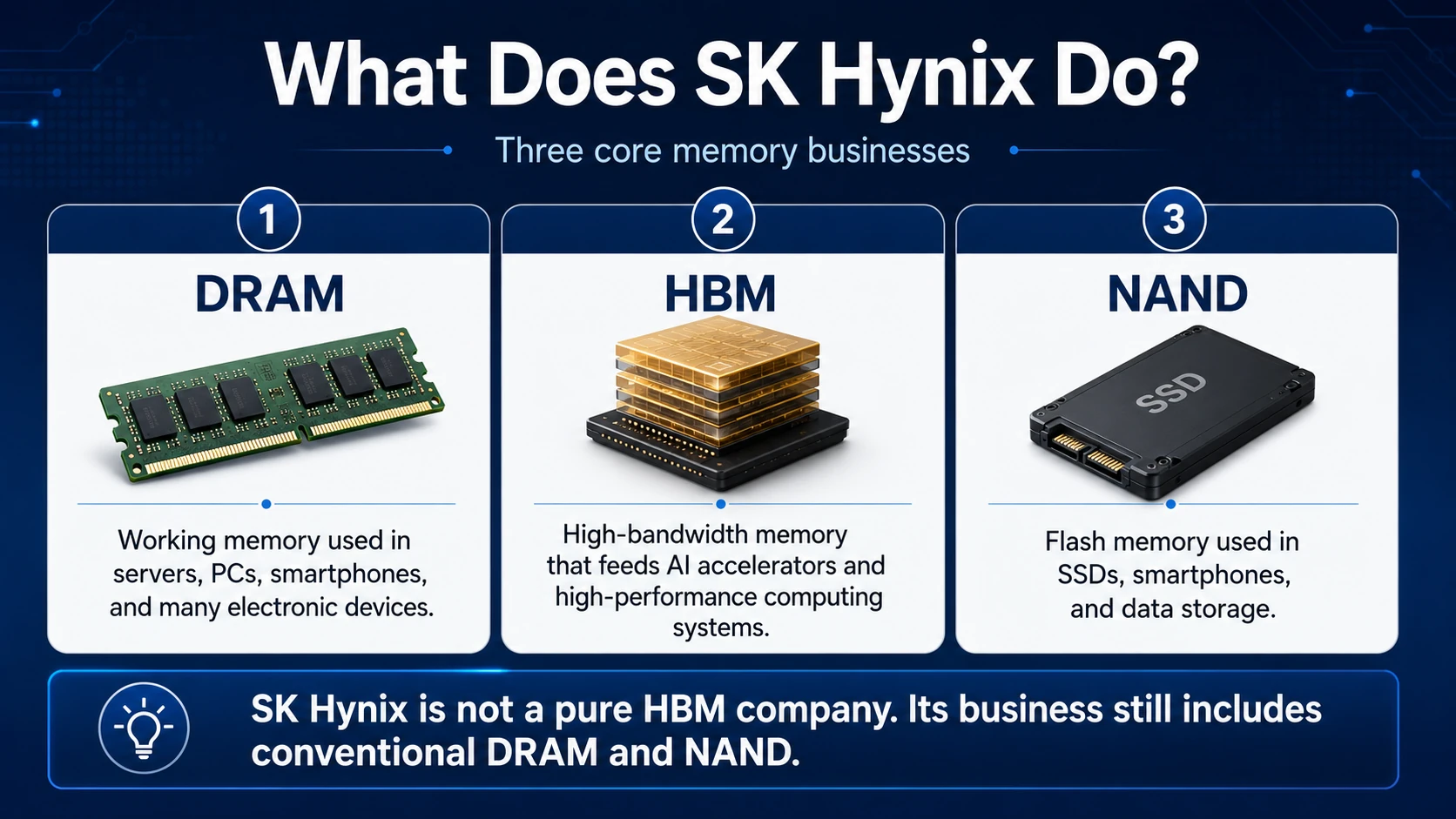 SK Hynix business overview showing DRAM, HBM and NAND memory products