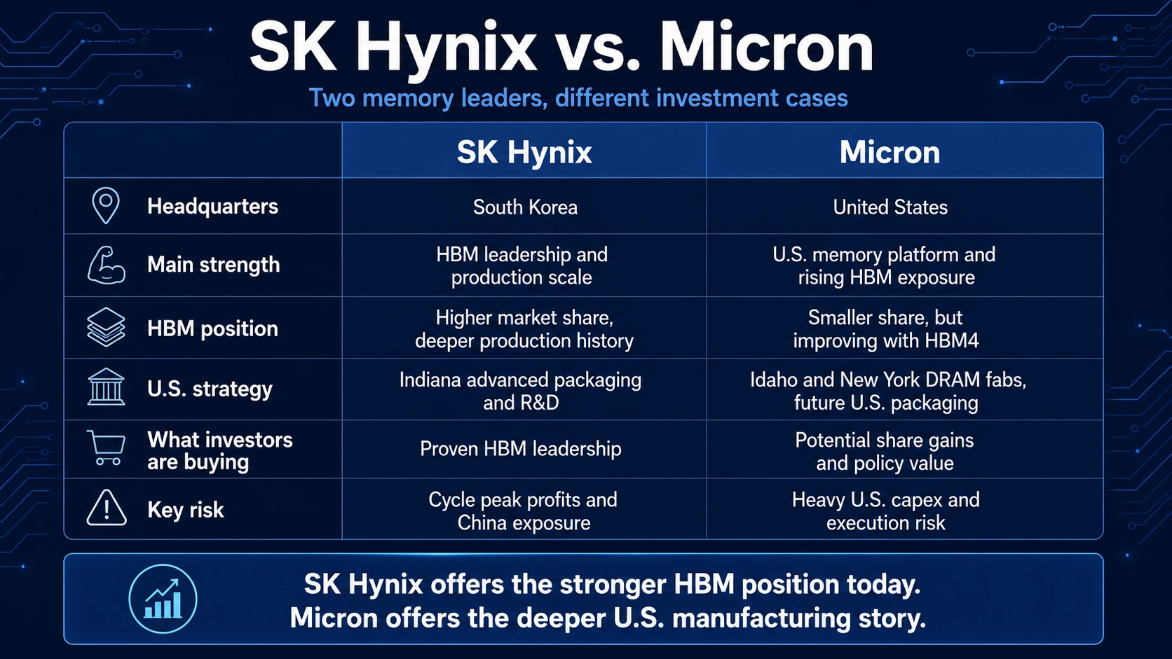Beginner comparison of SK Hynix and Micron including HBM position, U.S. strategy and investment risks